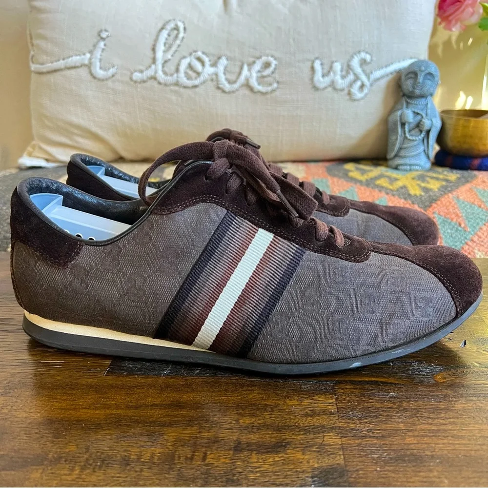 GUCCI Brown Canvas/Suede Web Detail Low Top Sneakers Gucci Size 7.5 US8